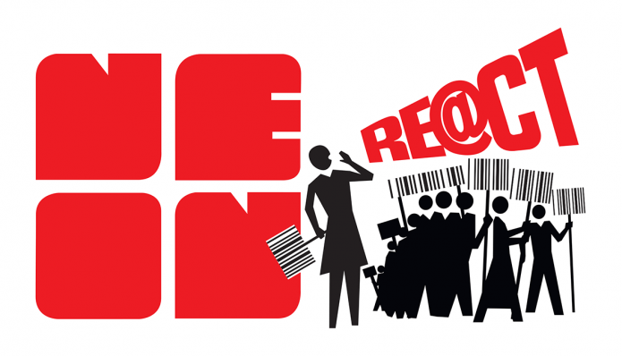 The NEoN logo in red. To the right hand side of the logo is an illustration of a person shouting the word"Volunteer" to a group of illustrated people who are holding placards that look like bar codes.