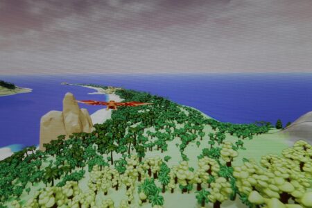 Computer generated image of a tree covered peninsula. Flying over the trees is large red bird.