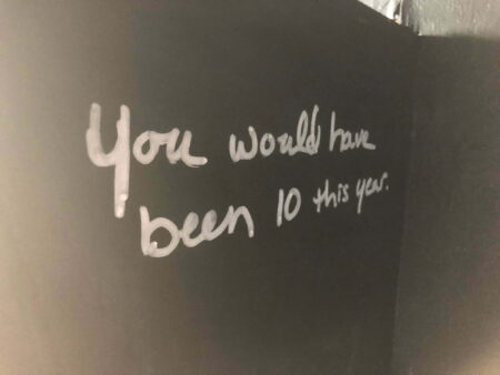 The words " You would have been 10 this year" written in white writing on a black wall.