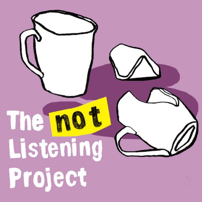 The Not Listening Project logo. Two illustrated mugs white in colour, one of which is broken, on a purple background.