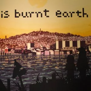 8bit image from this burnt earth game. This is an image of two young people looking at the city of Dundee from the opposite side of the River Tay. The sky is orange in colour.