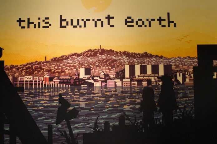 8bit image from this burnt earth game. This is an image of two young people looking at the city of Dundee from the opposite side of the River Tay. The sky is orange in colour.
