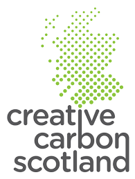 creative carbon scotland logo. Green dots making the shape of Scotland with the words " Creative Carbon Scotland" written underneath in grey writing.