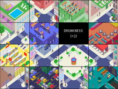 12 computer generated illustrations of a nondescript city. One of the illustrations has the words " DRUNKNESS ( +2)" in white writing on a black background.