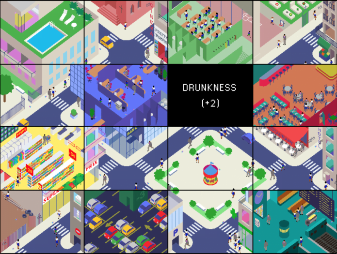 12 computer generated illustrations of a nondescript city. One of the illustrations has the words " DRUNKNESS ( +2)" in white writing on a black background.