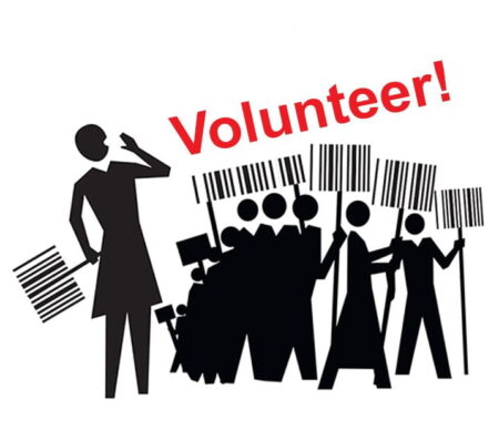 Illustration of a person shouting the word "Volunteer"to a group of illustrated people who are holding placards that look like bar codes.