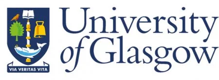 University of Glasgow logo.Dark blue writing on white background. To the left of the writing is the university's coat of arms.