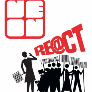 The NEoN logo in red. Underneath is an illustration of person shouting the word REACT to a group of illustrated people who are holding placards that look like bar codes.