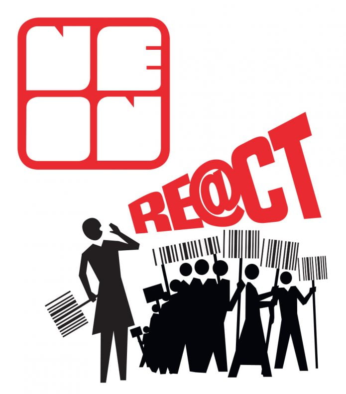 The NEoN logo in red. Underneath is an illustration of person shouting the word REACT to a group of illustrated people who are holding placards that look like bar codes.