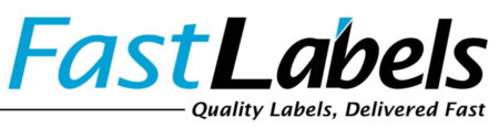 Fast-labels-Logo.Black and blue writing on a white background.