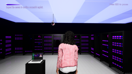 A computer generated image of a person standing in a room full of computer servers.