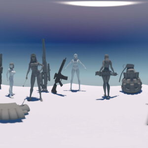 A group of computer generated human- like characters with an assortment of large guns.