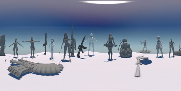 A group of computer generated human- like characters with an assortment of large guns.