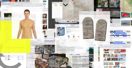 Screen shot of computer screen showing many open computer windows, which are showing various images.
