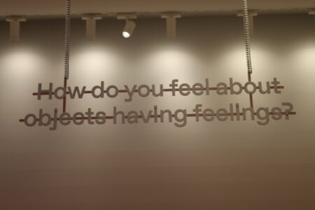 The words " How do you feel about objects having feelings?", suspended in the air in a white room.
