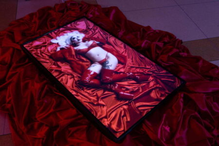 A television screen lying on top of crumpled red bed sheets. On the tv screen is a woman wearing red underwear and red, thigh high,high heeled boots, lying on red crumpled bed sheets.