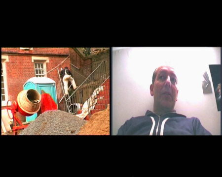 A split screen screen grab. On the left is a man on a ladder leaning against a house, and a cement mixer with a pile of gravel and a pile of sand. On the right is a screen grab of the artist George Barber.