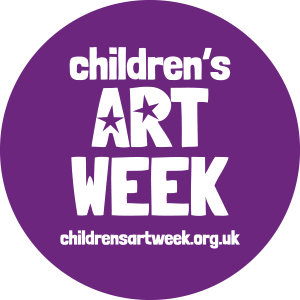 Purple circle with Children's Art Week children'sartweek.org.uk written in white text