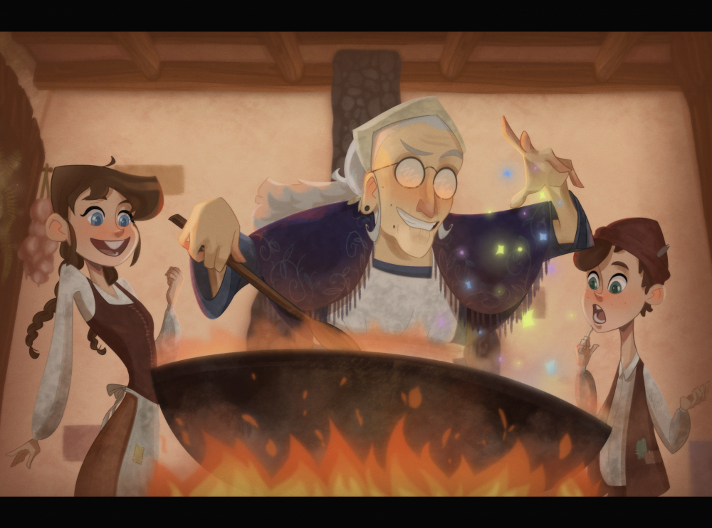 Heather Stirling’s ‘Hansel and Gretel – Visual Development Project’, the witch stirs a big pot while Hansel and Gretel look on in wonder, she is grinning but it's unclear if she plans to also cook the children.