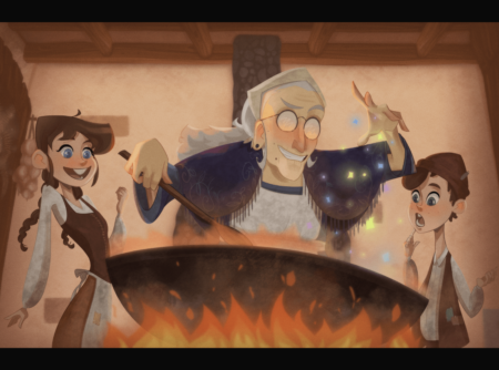 A witch stirs a big pot while Hansel and Gretel look on in wonder, she is grinning but it's unclear if she plans to also cook the children.