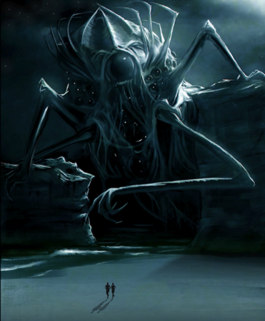 A monster with thin, spindly legs and a multitude of eyes leans menacingly over a beach where two people are jogging , seemingly unaware of the horror behind them.