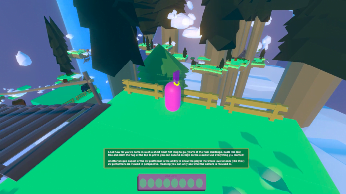 A small pink blob looks out onto a forest filled with floating green platforms. The text below reads 'Look how far you've come in such a short time!'