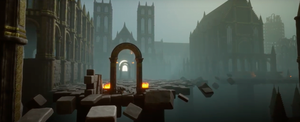 A darkly intense cityscape with burning braziers and gothic architecture, by Thomas Redwood