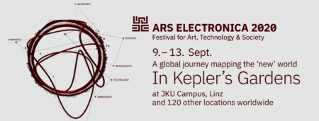 Banner advertising ARS Electronica 2020. Which reads; 9-13 Sept, A global journey mapping the new world. In Keplar's Gardens at JKU Campus Linz and 120 other locations worldwide.