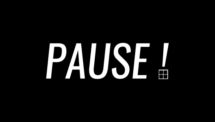 The word Pause! in large white letters on black background.The dot of the exclamation mark is the NEoN logo in white.