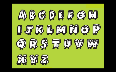 The alphabet illustrated by Akinori Oishi, white letters on green background.