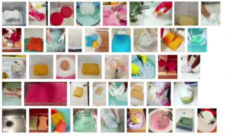 Collage image of 42 sponges and soapy suds. All in bright colours of pink, blue, and yellow.