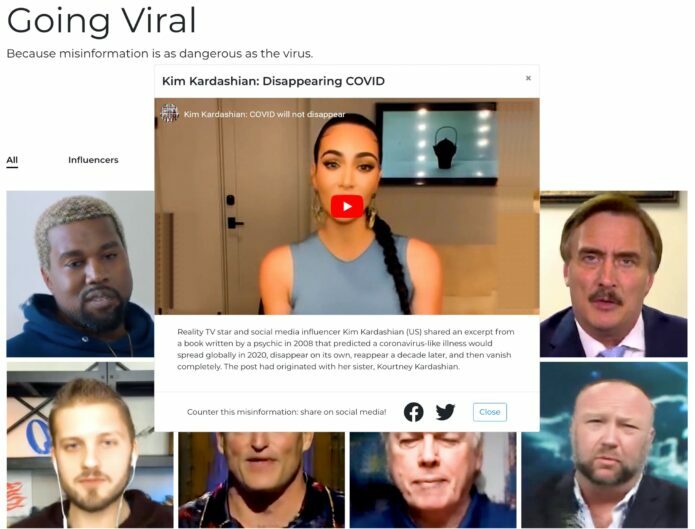A screen grab containing Kim Kardashian and six other people on a zoom call. Above this image are the words Going Viral, because misinformation is as dangerous as the virus.