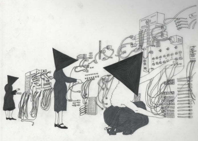 Black and white illustration of three people,their heads and faces obscured by black triangles. These people are placing wires into a very old and very large computing machine.