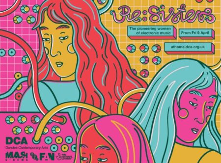 Illustration of three people, one person has a yellow face and red hair, the second person has a purple face and light blue hair, the third person has a red face with purple hair. They are pictured in front of a multi coloured ( pink and yellow) analogue synthesiser with various dials and wires.