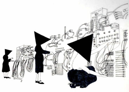 Black and white illustration of three people,their heads and faces obscured by black triangles. These people are placing wires into a very old and very large computing machine.