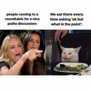 Two images placed next to each other. The image on the left contains two people, one of which is shouting and pointing at something unseen. Above this image are the words, " People coming to a roundtable for a nice polite discussion:". the image on the right is of a white cat sitting at a dining table which has a plate of salad. Above this image are the words, " Me sat there every time asking " ok but whats the point': "