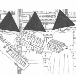 Illustration of 4 women holding very old computers. Their faces are obscured by black triangles.