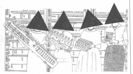 Illustration of 4 women holding very old computers. Their faces are obscured by black triangles.