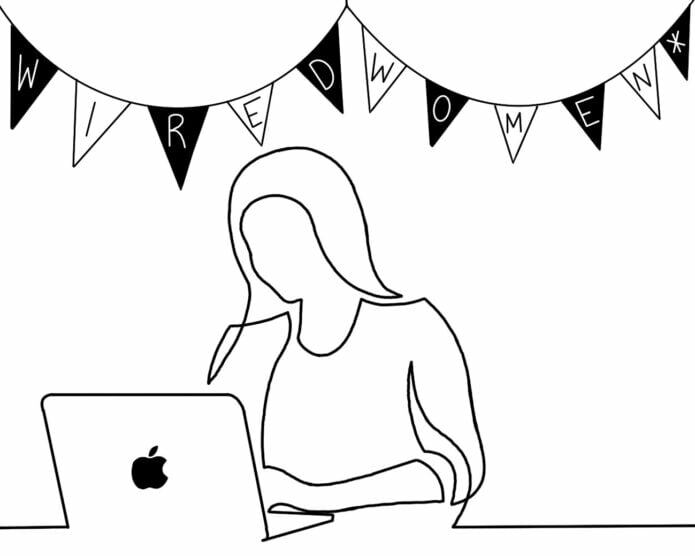 B&W line drawing of a person using a laptop. above the person there hangs black and white bunting. Each individual piece of bunting contains a letter, which when reading from left to right spells out the words Wired women.