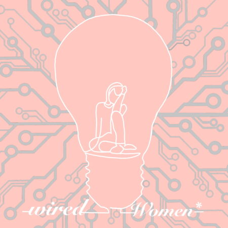 A line drawing of a pink lightbulb with a person sitting inside.
