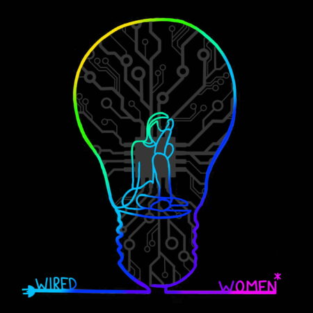 Blue and green line drawing of a lightbulb with a person sitting inside.