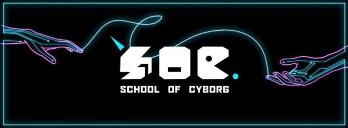 School of Cyborg Logo. Large block white lettering on black background, with a torquoise triangle over the letter S and a small torquoise circle after the letter C. On each side of the letters are computer generated illustrations of a neon pink outlined hand on a black background, from which a blue line is emanating upwards.