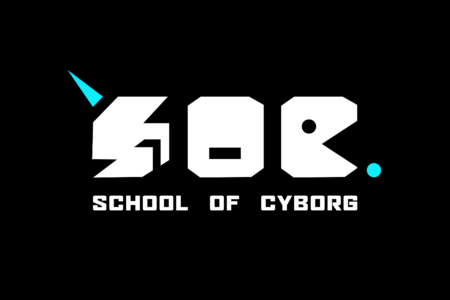 School of Cyborg Logo. Large block white lettering on black background, with a torquoise triangle over the letter S and a small torquoise circle after the letter C.