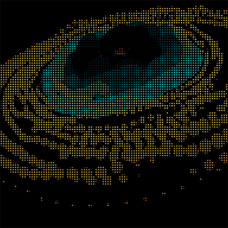 Image of data from space by Semiconductor. Black background with yellow and blue dots making shapes.
