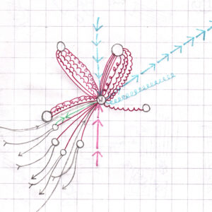 Illustration of a half drawn flower, illustrated on graph paper.coming out of the flower are blue arrows pointing northeast and pink, green and grey arrows leaving the flower southeasterly.