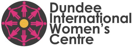 Dundee International Women's Centre logo.Black circle containing illustration of women holding hands around an orange circle.
