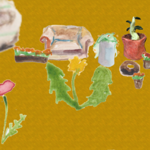 Screen shot of The Talking Tree, By Holly White. On a brown background are the childlike painted illustrations of a caravan, a red flower. a row of plants, a sofa, a dandelion,four various pot-plants and a mushroom.