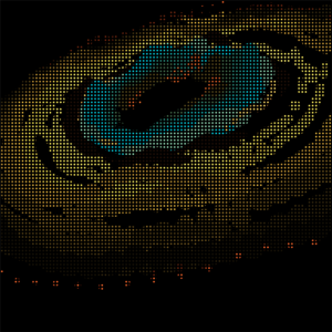 Image of data from space by Semiconductor. Black background with yellow and blue dots making shapes.