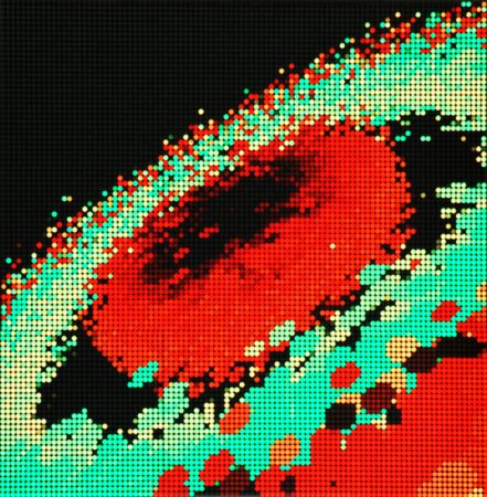 Spectral Constellations, pixel image, greens, yellows, red dots making shapes.