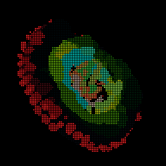 Image of data from space by Semiconductor. Black background with yellow and blue dots making shapes.